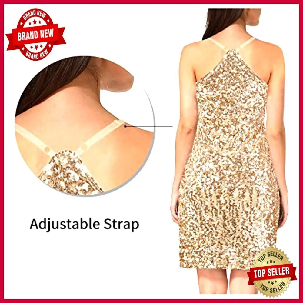 Glitter Sequin Dress Adjustable Spaghetti Strap Sparkle Party Bodycon Mini - Picture 5 of 6
